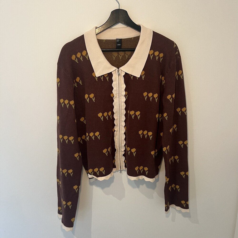 Cider Brown Floral Print Collared Zip Up Cardigan Sweater Scalloped Trim 3XL